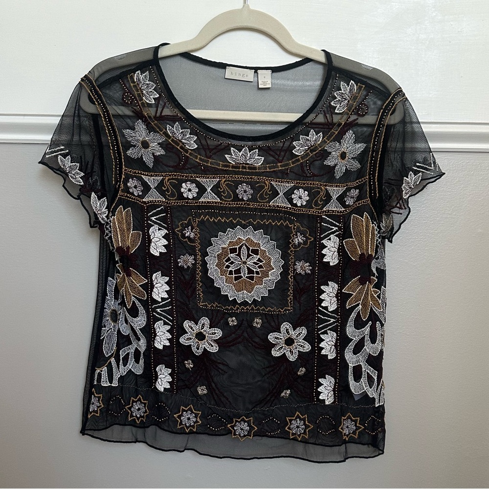 Hinge blouse. Embroidered and sheer.